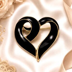 Black Enamel Gold Tone Open Heart Brooch